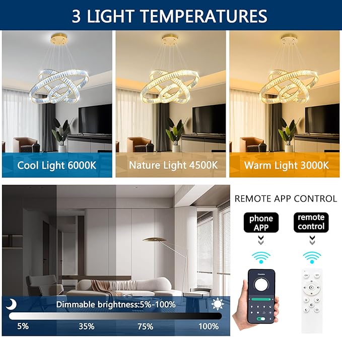 8''+16''+24'' Modern Ring Chandelier Crystal Chandeliers for Dining Room Round LED Dimmable Ceiling Light Fixture for Living Room Bedroom Lighting Gold
