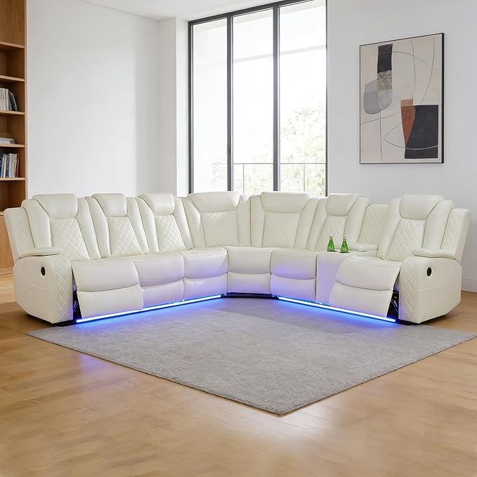 Power Recliner Sectional Sofa Set, Creamy Leather Sectional Couch for Living Room, L Shape Reclining Sofa with Cup Holder, Hidden Storage, Coffee Table for House(6 Seat)