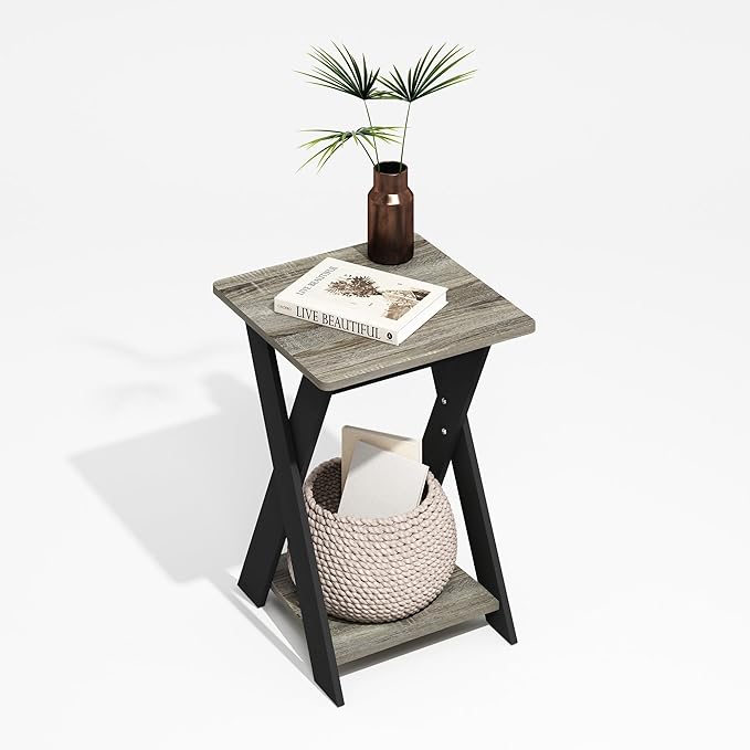 Furinno Modern Side Table, X-Legs End Table with Open Shelf, Criss-Crossed Night Stand, Bedside Table, Easy Assembly, for Living Room, Bedroom, Grey Oak