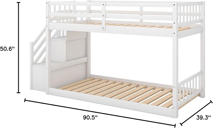 Twin Over Twin Low Bunk Bed with Ladder and for Storage Staircase for Teens, Boys or Girls, No Box Sping Needed