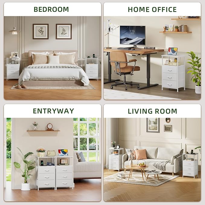 Somdot Nightstands Set of 2,Bedside Tables with Charging Station and LED Lights,Night Stand with 3 Fabric Drawers, End Tables with Open Shelf for Bedroom Living Room Entryway Hallway, White Leather