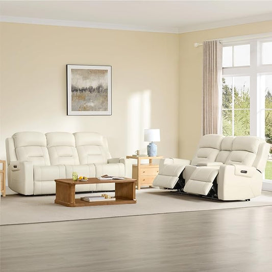 Watson & Whitely Genuine Leather Power Loveseat and Recliner Sofa Set, Lay Flat Reclining Couch with Console, Power Headrest, USB & Wireless Charging, Cup Holders for Living Room, Cream
