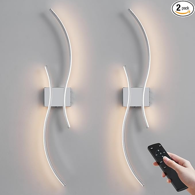 Battery Operated Wall Sconces Set of Two with Remote Control, Battery Wall Light, Stepless Colors 3000K-6000K & Dimming, Chrome Rechargeable Wall Sconces for Living Room, Hallway, Bedroom, 39.3 Inch