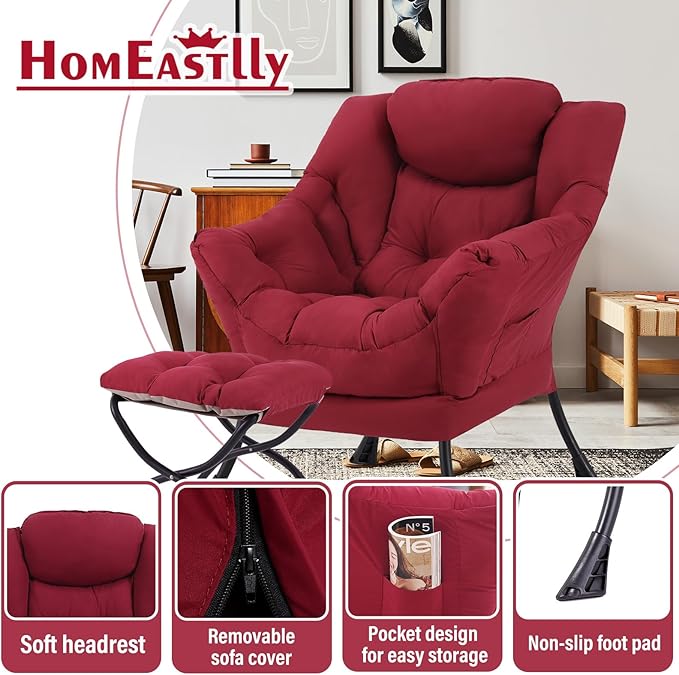 Lazy Chair with Ottoman, Large Burgundy Accent Chair with Ottoman, Comfy Reading Armchair, Leisure Sofa Chair for Living Room, Bedroom, Dorm Room, Office