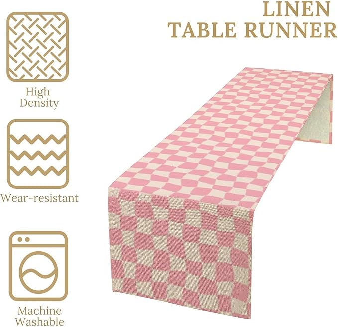 Boho Hippie Table Runner Groovy Pink Twisted Checkered Funky Modern Geometric Dinner Runner for Living Room Kitchen Party Holiday Dinner Home Decor 13x108in
