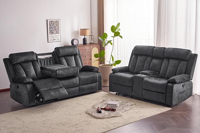 Velvet Power Recliner Sofa Living Room Set, Electric Loveseat Reclining Sofa Couch with Massage & Heat/Console/Cup Holder/USB & Type C, Modern Living Room Furniture Sofa Set (Gray)