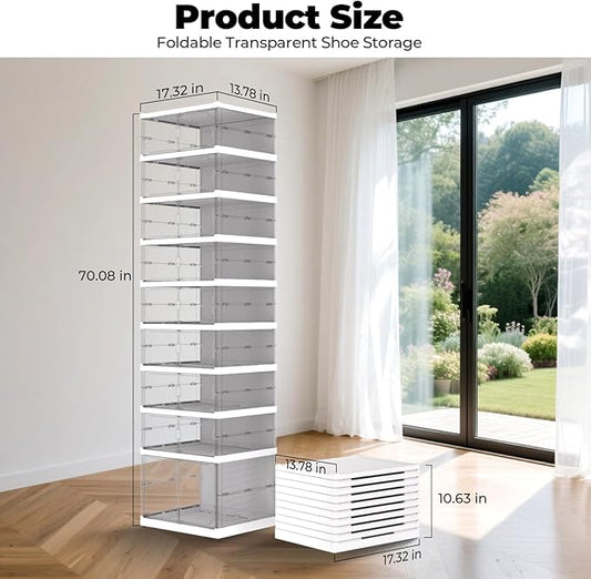 FAHKNS Foldable Shoe Rack,Portable Shoe Organizer Storage Cabinet with Magnetic Clear Door,No Assembly for Entryway Living Room and Bedroom 9 Tiers 16 Pairs