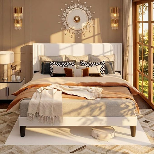 Gizoon Queen Bed Frame, Upholstered Platform Bed with Wingback and Modern Geometric Headboard, Wooden Slats, Noise-Free, No Box Spring Needed
