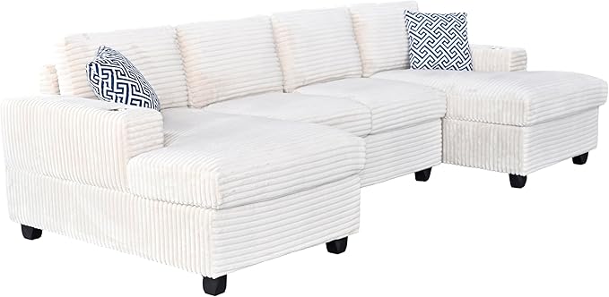 Ball & Cast 124" U-Shaped Sectional Sofa Couches for Living Room with Double Chaise,Cup Holders & Pillows,4 Seat Striped Corduroy Upholstered Modern Modular Sectional Sofa Set,for Home,Office,Beige