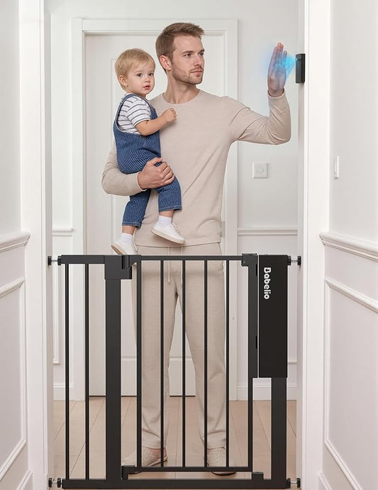 Babelio Smart Baby Gate with Auto-Unlock/Close, Pressure Mounted No Drill for Doorways/Top of Stairs. Pet/Dog Door Wide Walk Thru w/Infrared Sensor & Instant Safety Alert (Black, 26.3-37.8" W, 30" H)