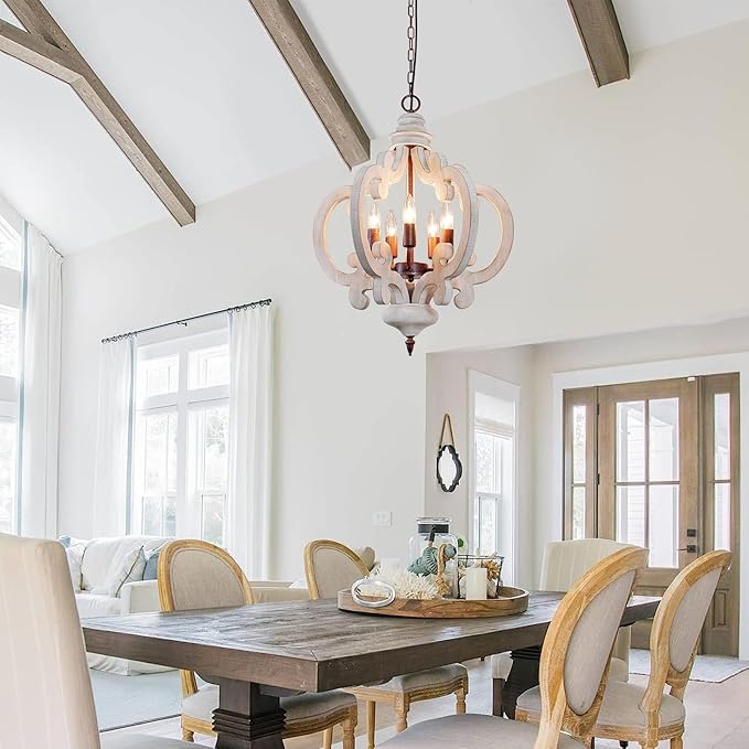 5-Lights Wood Farmhouse Chandelier, Dining Room Light Fixture, Industrial Rustic Farmhouse Chandeliers for Dining Room Kitchen Island Bedroom Foyer Hallway Front Door