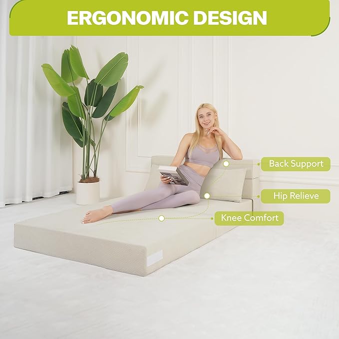 Fvkind Folding Sofa Bed, 4 in 1 Convertible Sleeper Sofa Bed Chair with Pillow, Twin Memory Foam Loveseat Futon Sleeper Chair, Foldable Futon Couch for Living Room, Bedroom, Guest Room, Beige