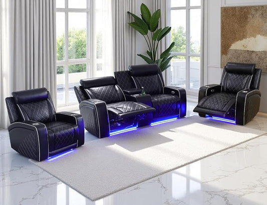 Power Recliner Sofa Set, Breathing Leather Reclining Couch Set, Home Theater Recliner Loveseat & Chairs with Cup Holders/Storage/Charging/LED for Living Room Furniture/Office, 2+1+1, Black