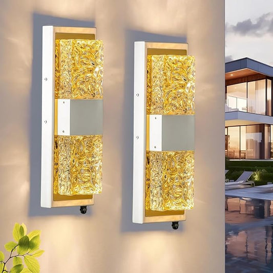 Dusk to Dawn Outdoor Lighting,Exterior Lighting Fixtures IP65 Waterproof Porch Lights Outdoor 12W LED Crystal Modern Outside Wall Sconce for Porch Hallway Doorway Patio,14.2'' White&Gold 2PCS