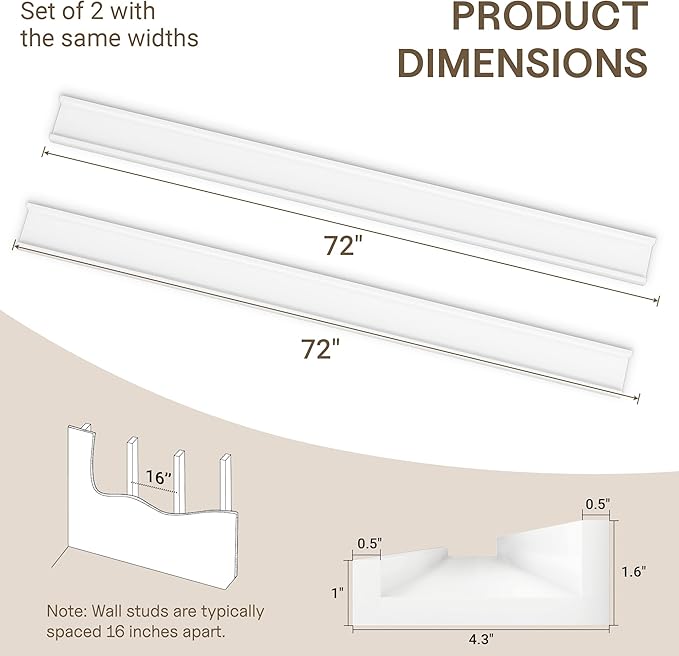 Fun Memories Long Wall Shelves Set of 2-72 Inch Floating Shelves for Wall - Picture Ledge Shelf with Lip for Storage - Wall - Mounted Shelves for Bedroom - Living Room - Kitchen - White Color