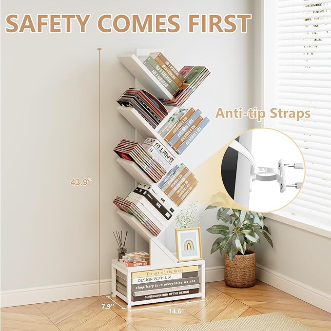 EasyCom Tree Bookshelf Metal Base, 7 Tier Bookcase Storage, Floor Standing Bookshelf Organizer for CDs/Books, Bookshelves for Bedroom/Living Room/Home Office, White