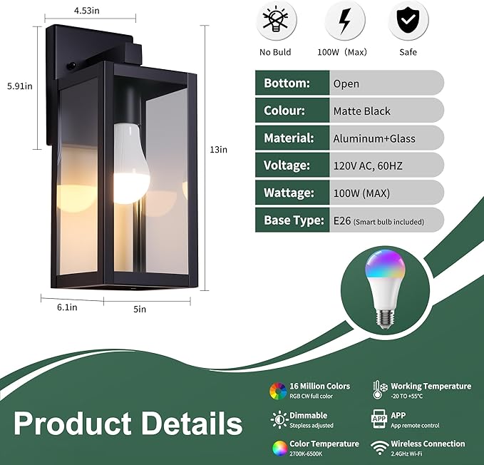 Outdoor Wall Light with Smart Bulb Exterior Lighting Fixtures Waterproof Porch Lights Outdoor Anti-Rust Wall Lantern with Clear Glass Outside Lights for House -2 Pack