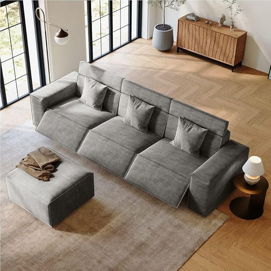 115" Power Sofa,Modular Sectional Couches for Living Room,Modern Large Sofa with Recliners,Comfy Velvet Cloud Couch with Deep Seat with 1 Ottoman,Pet Friendly,Free Combination for Home(Dark Gray)
