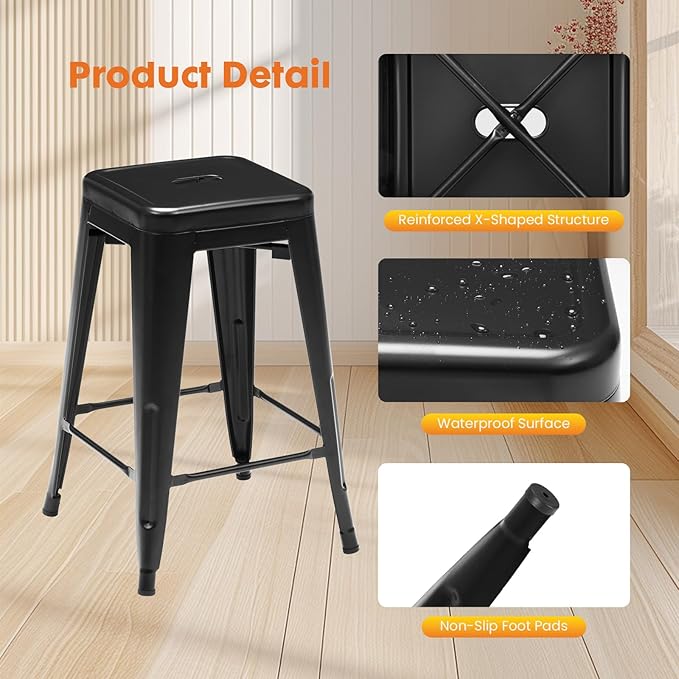 Sweetcrispy Metal Bar Stools Set of 4, 24 Inch Stackable Restaurant Classic Trattoria Metal Chairs, Backless Counter Height Barstool Chairs for Dining Room, Kitchen Island, Indoor Outdoor Use, Black