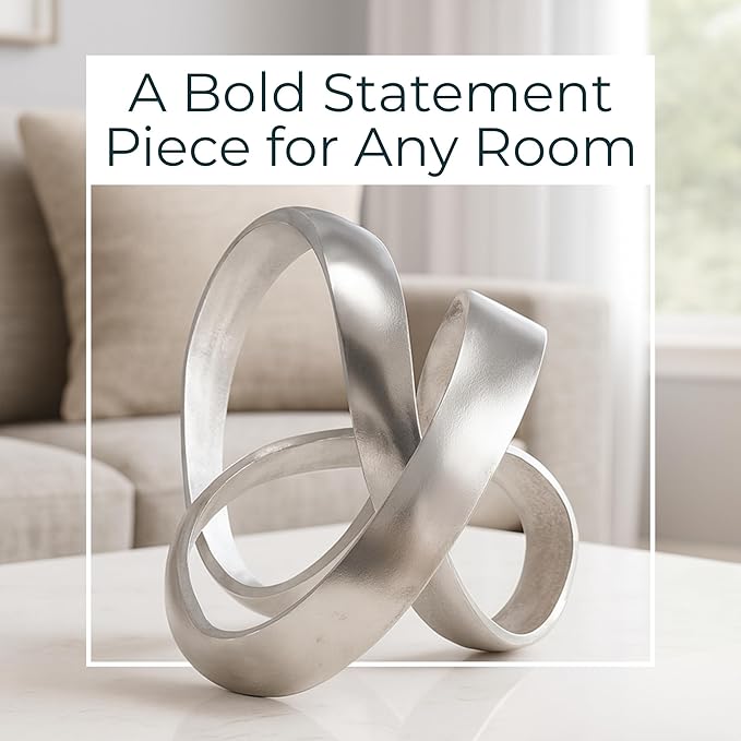 Metal Decorative Object – Minimalist Shelves & Coffee Table Decor – Aluminum Knot Sculpture Modern Home Decor for Office, Bedroom & Living Room – 8" x 7", Silver