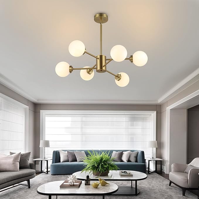 WINGBO 6-Light Sputnik Chandelier, Modern Pendant Light Fixture with 4.7" Opal White Glass Globe Shade for Flat and Slop Ceiling, Height Adjustable for Kitchen Living Room Dining Room Bedroom, Gold