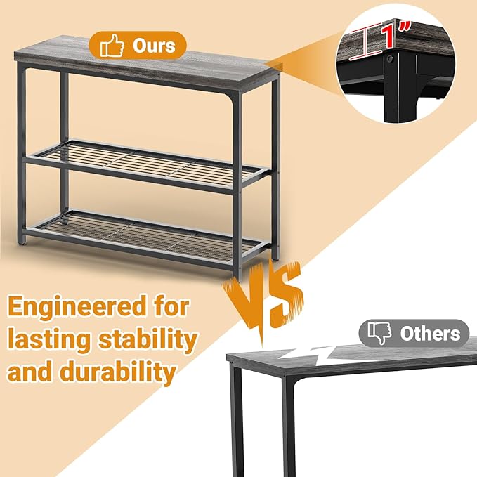 32" Small Console Table with Storage, 3-Tier Narrow Entryway Table, Sturdy Sofa Table with Mesh Shelves, Console Tables for Living Room, Bedroom, Hallway, Entryway, Foyer, Oak Grey