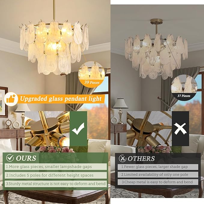 Modern Gold Chandelier Lighting, D23.6 Inch Creative Cloud Glass Pendant Ceiling Fixture Lamp, 3 Tier Round Crystal Glass Chandelier, 9-Light for Living Room Bedroom Dining Room (E12)