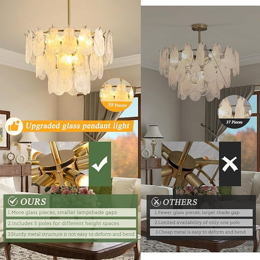 Modern Gold Chandelier Lighting, D23.6 Inch Creative Cloud Glass Pendant Ceiling Fixture Lamp, 3 Tier Round Crystal Glass Chandelier, 9-Light for Living Room Bedroom Dining Room (E12)