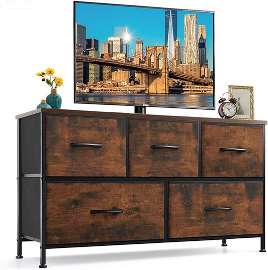 5-Drawer Dresser for Bedroom, Anti-Tip Wide Storage Organizer Fabric Chest of Drawers TV Stand for 45" TV with Wooden Top and Metal Frame for Closet, Living Room, Hallway, Entryway, Brown