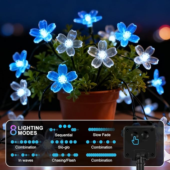 60 LED Solar String Lights Outdoor Waterproof Flower Fairy Lights for Garden Fence Patio Yard Christmas Tree Lawn Wedding Party Decor, Blue and Pure White