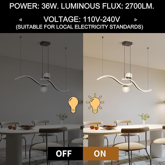 Modern LED Globe Pendant Light, 39in Dimmable Black Hanging Chandelier Light Fixture, 2-Wave Kitchen Pendant Lighting Over Island, Dining Room Lights Ceiling Hanging Over Table (2-Bulb)