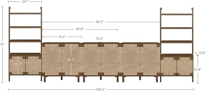 Nathan James Beacon Boho Seagrass Entertainment Center with Bookshelves and Storage Cabinet, Bookcase TV Stand Wall Unit, Fits TVs Up to 75 in. in Dark Brown Finish