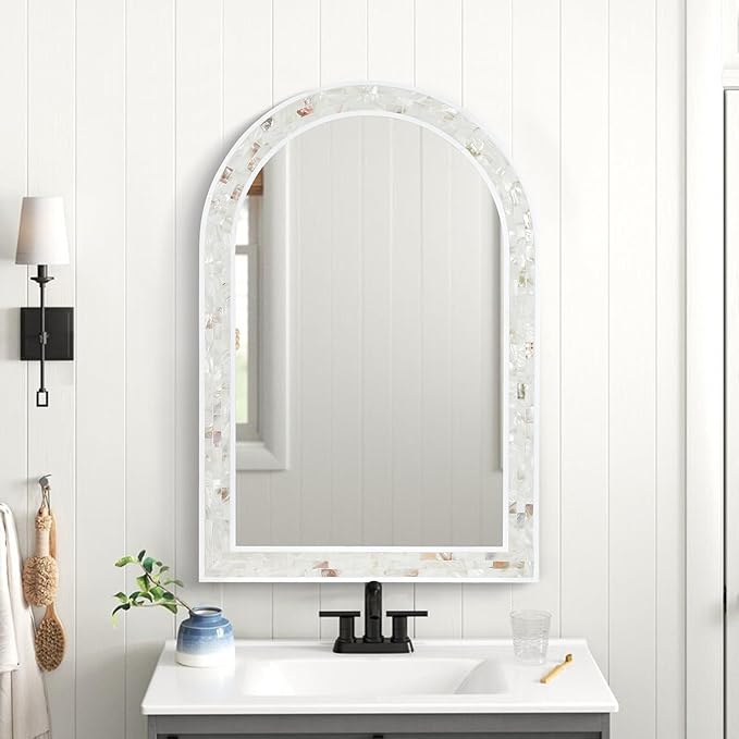 Tanmicoshomy Arched Bathroom Mirror 20x30 Inches, Natural Shell and White Wood Framed Mirrors with Tempered Glass for Bathroom Living Room Bedroom or Entryway