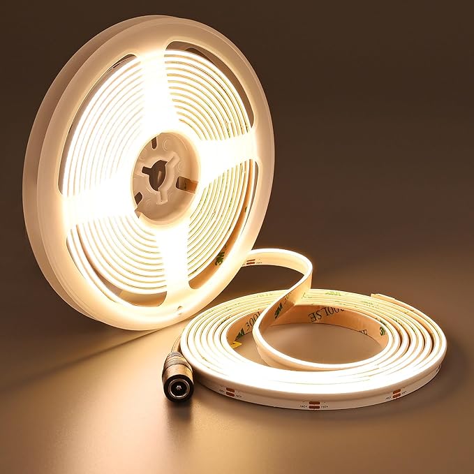 TOPAI Side Emitting 24V COB LED Strip Warm White 3000K 16.4ft Dotless 480LED/M High Density CRI>90 Self Adhesive Cuttable Flexible 8mm Width LED Tape for Home, Office DIY Lighting