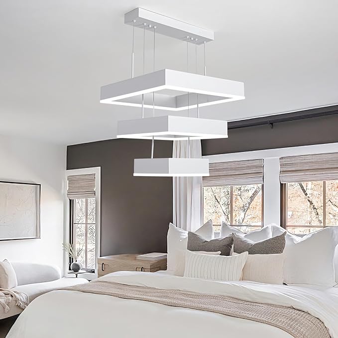 O'NEELDY 58W Square Chandelier Modern Pendnat Light with White Ring LED Chandeliers Adjustable Hanging Lamp Fixtures for Dining Room Kitchen Island Bedroom Cafe