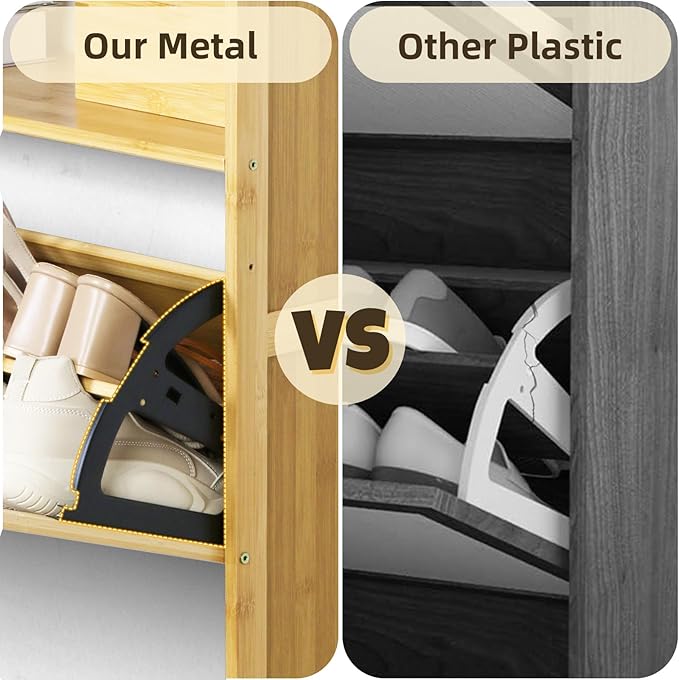Shoe Cabinet with 2 Rattan Flip Drawers，Bamboo Shoe Storage Cabinet with Coat Hooks, Freestanding Shoe Cabinet Storage for Entryway,Hallway, Closet, Living Room,Natural