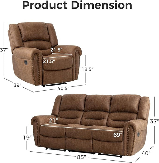 EBELLO Manual Recliner Sofa Set, Faux Leather Reclining Living Room Set, Included Two Single Recliner Chairs and One 3-seat Manual Sofa, Vintage Rivet Mid-Century Design for Living Room, Brown