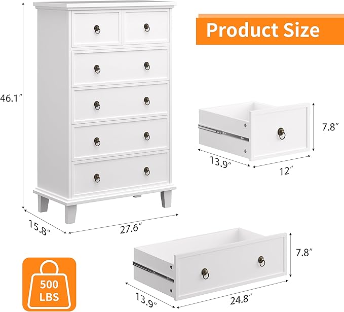 6 Drawer Tall Dresser for Bedroom, White Large Chest of Drawers, Modern Farmhouse 6 Drawers Storage Dresser for Living Room, Hallway, Entryway, Home Office