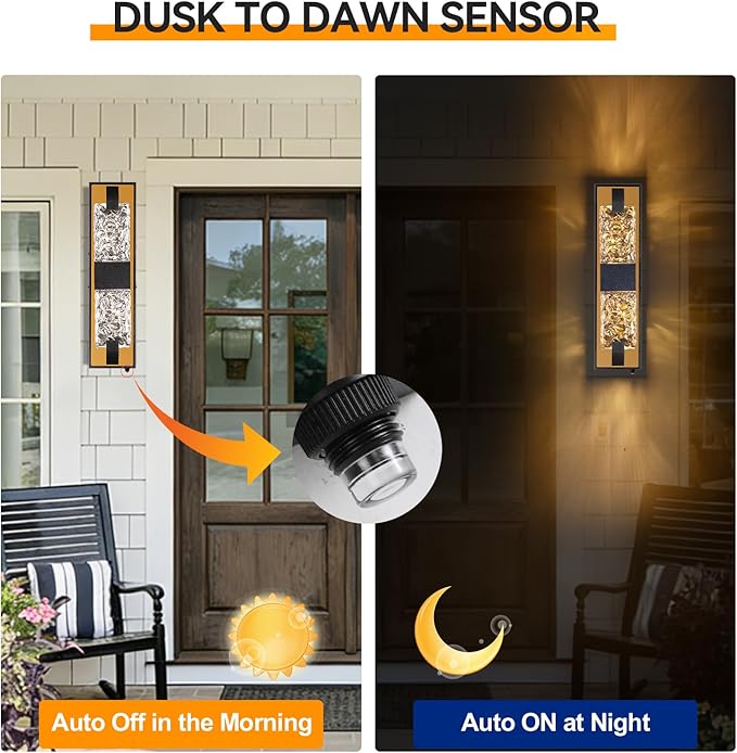 HITTO Dusk to Dawn Outdoor Lighting,18.8'' Porch Lights Outdoor IP65 Waterproof Exterior Lighting Fixtures 12W LED Ripple Crystal Modern Outdoor Light for House, Garage, Doorway, Patio,(Black&Gold)