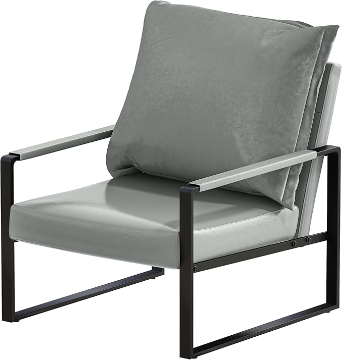 AWQM Leather Accent Chair Set of 2 Sofa Chair Extra-Thick Padded Backrest Seat Cushion Single Sofa Bedroom, Black Metal Frame, 105 Degree Slant Back-Grey（Set of 2）