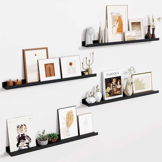 Fun Memories Picture Ledge Shelf - 32 Inches Floating Shelves Set of 4 - Floating Shelves with Lip for Storage - Wood Bookshelf Wall Mounted for Bedroom - Living Room - Kitchen - Black Color