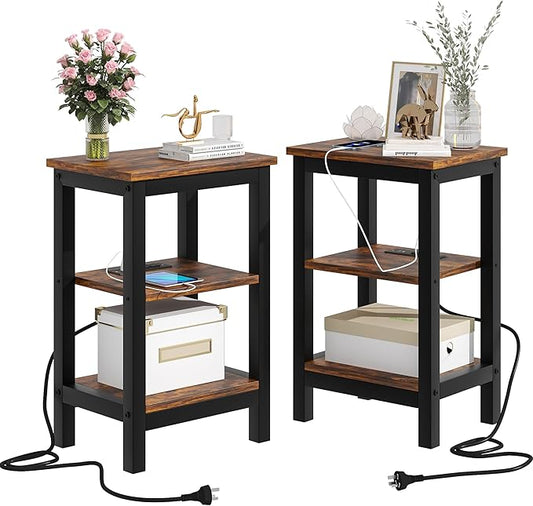 VECELO Modern Nightstands with Charging Station,Side End Table Night Stand with Storage Shelf for Small Spaces, Bedroom,Living Room