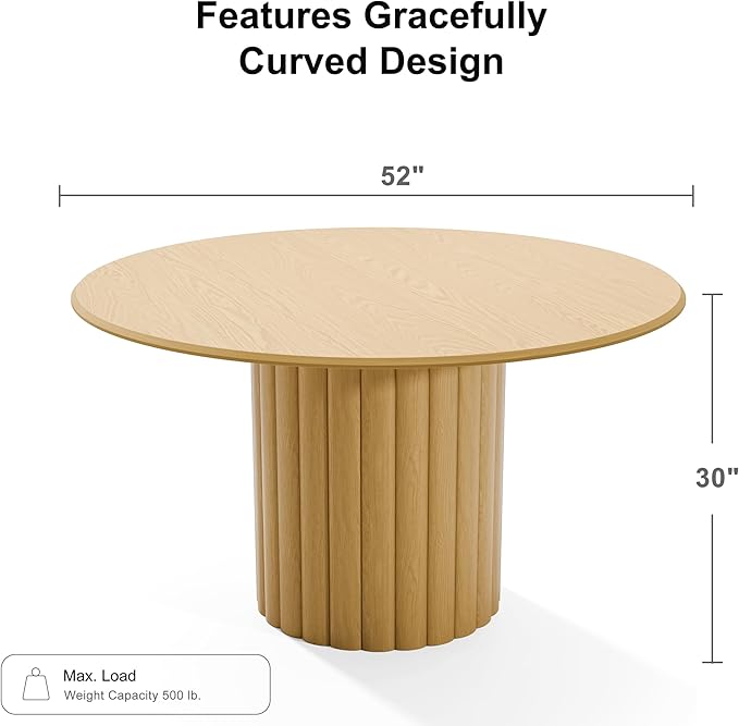 Casaphoria 52" Round Dining Table, Modern Wood Kitchen Table with Cylindrical Wide Bar Protruding Base for Living Room & Dining Room, Easy Assembly Farmhouse Furniture for 4-6, Oak