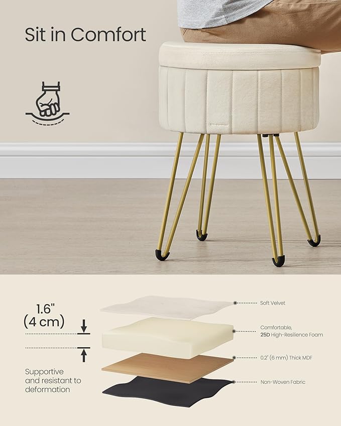 SONGMICS Vanity Stool Chair, Small Ottoman with Storage, Velvet Makeup Stool, 15.4 Dia. x 17.4 H Inches, 4 Metal Legs, for Makeup Room, Living Room, Bedroom, Cream White ULOM003W01