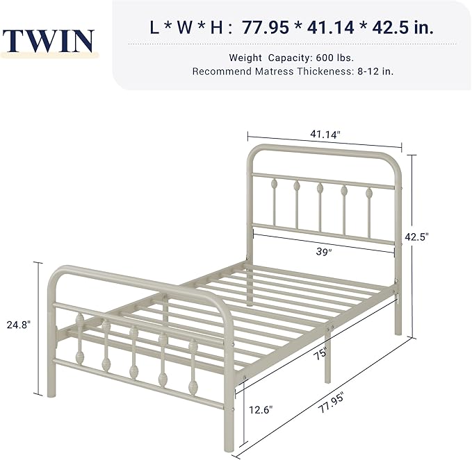 Allewie 14 Inches Twin Size Metal Platform Bed Frame with Victorian Style Iron-Art Headboard/Footboard, Mattress Foundation, Easy Assembly, Under Bed Storage, No Box Spring Required, Off White