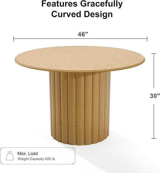 Casaphoria 46" Round Dining Table, Modern Wood Kitchen Table with Cylindrical Wide Bar Protruding Base for Living Room & Dining Room, Easy Assembly Farmhouse Furniture for 4-6, Oak