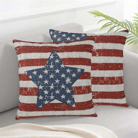 Vintage American Flag Star Pillow Covers 16x16 Set of 2 Red White Stripes Patriotic Outdoor Throw Pillows Covers 4th of July Independence Memorial Day Cushion Case for Home Couch Sofa Decor
