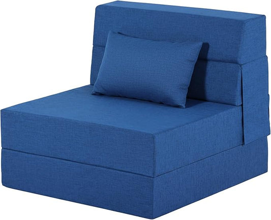 Fvkind Folding Sofa Bed, Foldable Sleeper Chair with Pillow, Convertible Fold Out Chair Bed with Washable Cover, Foldable Mattress for Living Room, Bedroom, Guest Room, Single Size, Blue