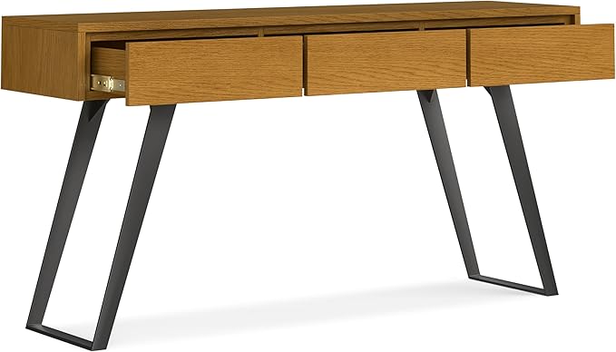 SIMPLIHOME Lowry Console Table - 60 Inch Wide Solid Oak Veneer and Metal Sofa Table in Oak, Modern Industrial Storage Table for Entryway or Living Room with 3 Drawers and Angled Metal Legs