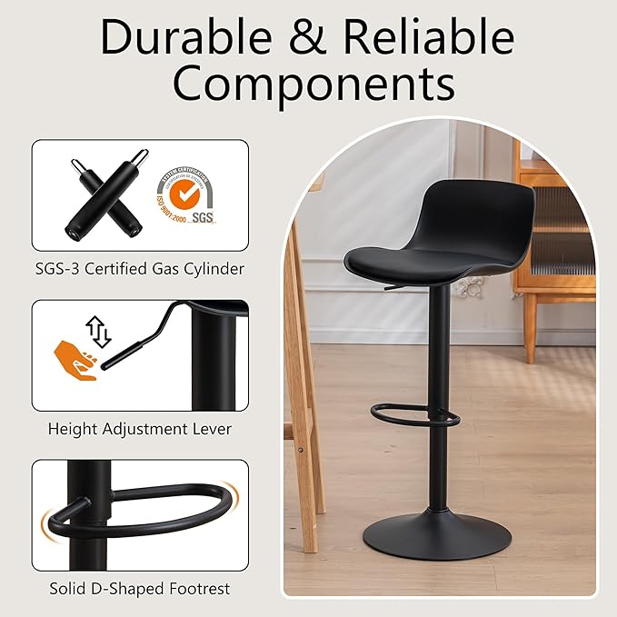 YOUTASTE All Black Bar Stools Set of 2, Adjustable Swivel Counter Height Barstools with Back, Plastic&PU Leather Cushioned Bar Chair Seats, Metal Footrest, Black Round Base for Kitchen Island